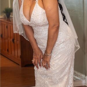 Oleg Cassini White Lace Beaded V-Neck Wedding Gown